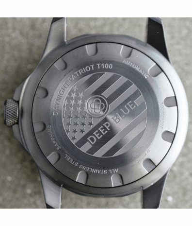DAYNIGHT PATRIOT USA BLACK PVD CASE BLACK CERAMIC BEZEL - BLACK DIAL USA FLAG RED,WHITE, BLUE TRITIUM TUBES T-100 STRAP or BRACELET