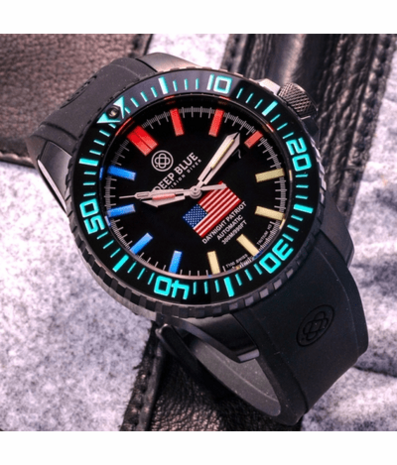 DAYNIGHT PATRIOT USA BLACK PVD CASE BLACK CERAMIC BEZEL - BLACK DIAL USA FLAG RED,WHITE, BLUE TRITIUM TUBES T-100 STRAP or BRACELET