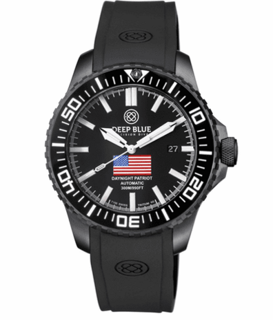 DAYNIGHT PATRIOT USA BLACK PVD CASE BLACK CERAMIC BEZEL - BLACK DIAL USA FLAG RED,WHITE, BLUE TRITIUM TUBES T-100 STRAP or BRACELET