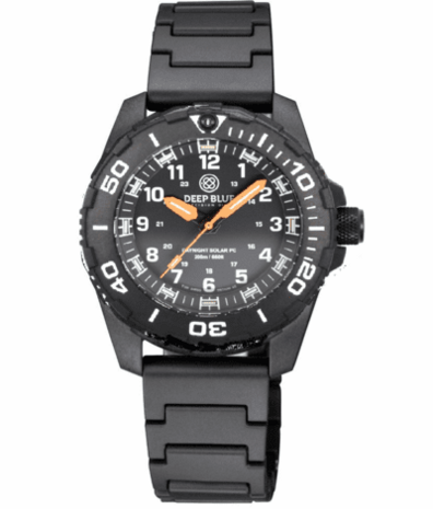 DAYNIGHT 43MM DIVER SOLAR POWERED PC TRITIUM WATCH- BLACK WHITE BEZEL - WHITE NUMBERS - ORANGE HANDS 3 COLOR TRITIUM TUBES STRAP