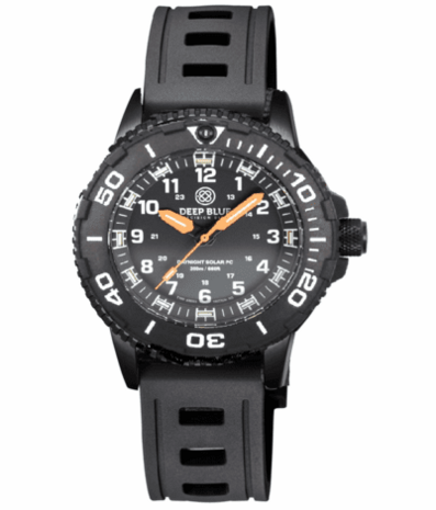 DAYNIGHT 43MM DIVER SOLAR POWERED PC TRITIUM WATCH- BLACK WHITE BEZEL - WHITE NUMBERS - ORANGE HANDS 3 COLOR TRITIUM TUBES STRAP