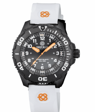 DAYNIGHT 43MM DIVER SOLAR POWERED PC TRITIUM WATCH- BLACK WHITE BEZEL - WHITE NUMBERS - ORANGE HANDS 3 COLOR TRITIUM TUBES STRAP