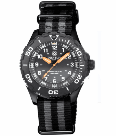 DAYNIGHT 43MM DIVER SOLAR POWERED PC TRITIUM WATCH- BLACK WHITE BEZEL - WHITE NUMBERS - ORANGE HANDS 3 COLOR TRITIUM TUBES STRAP