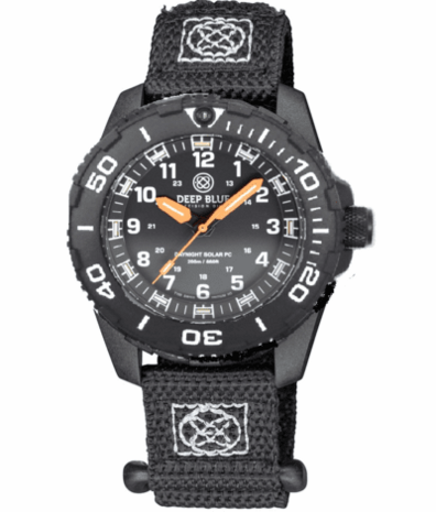 DAYNIGHT 43MM DIVER SOLAR POWERED PC TRITIUM WATCH- BLACK WHITE BEZEL - WHITE NUMBERS - ORANGE HANDS 3 COLOR TRITIUM TUBES STRAP