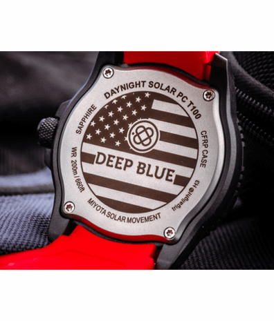 DAYNIGHT 43MM DIVER SOLAR POWERED PC USA TRITIUM WATCH- BLACK/WHITE BEZEL - WHITE NUMBERS USA FLAG 3 COLOR TRITIUM TUBES – STRAP