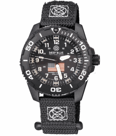 DAYNIGHT 43MM DIVER SOLAR POWERED PC USA TRITIUM WATCH- BLACK/WHITE BEZEL - WHITE NUMBERS USA FLAG 3 COLOR TRITIUM TUBES – STRAP