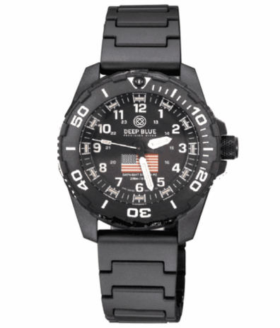 DAYNIGHT 43MM DIVER SOLAR POWERED PC USA TRITIUM WATCH- BLACK/WHITE BEZEL - WHITE NUMBERS USA FLAG 3 COLOR TRITIUM TUBES – STRAP