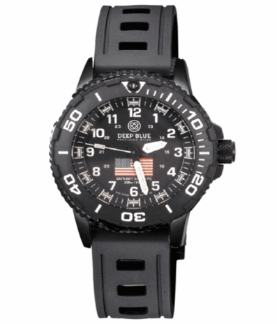 DAYNIGHT 43MM DIVER SOLAR POWERED PC USA TRITIUM WATCH- BLACK/WHITE BEZEL - WHITE NUMBERS USA FLAG 3 COLOR TRITIUM TUBES – STRAP