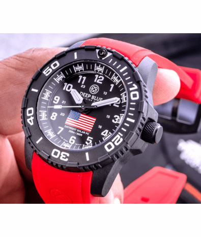 DAYNIGHT 43MM DIVER SOLAR POWERED PC USA TRITIUM WATCH- BLACK/WHITE BEZEL - WHITE NUMBERS USA FLAG 3 COLOR TRITIUM TUBES – STRAP