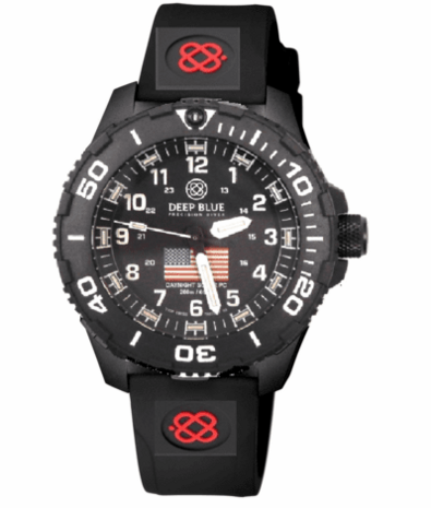 DAYNIGHT 43MM DIVER SOLAR POWERED PC USA TRITIUM WATCH- BLACK/WHITE BEZEL - WHITE NUMBERS USA FLAG 3 COLOR TRITIUM TUBES – STRAP