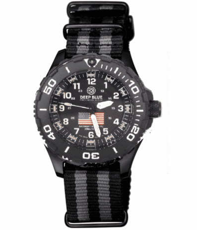 DAYNIGHT 43MM DIVER SOLAR POWERED PC USA TRITIUM WATCH- BLACK/WHITE BEZEL - WHITE NUMBERS USA FLAG 3 COLOR TRITIUM TUBES – STRAP