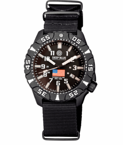 DAYNIGHT DIVER PC USA TRITIUM AUTOMATIC WATCH- BLACK- WHITE BEZEL - WHITE NUMBERS USA FLAG 3 COLOR TRITIUM TUBES &ndash; STRAP