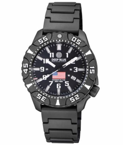 DAYNIGHT DIVER PC USA TRITIUM AUTOMATIC WATCH- BLACK- WHITE BEZEL - WHITE NUMBERS USA FLAG 3 COLOR TRITIUM TUBES &ndash; STRAP