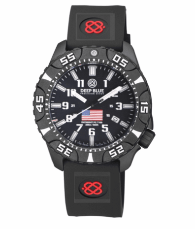 DAYNIGHT DIVER PC USA TRITIUM AUTOMATIC WATCH- BLACK- WHITE BEZEL - WHITE NUMBERS USA FLAG 3 COLOR TRITIUM TUBES &ndash; STRAP