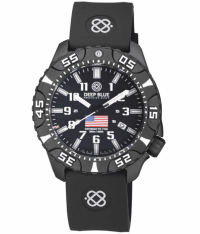 DAYNIGHT DIVER PC USA TRITIUM AUTOMATIC WATCH- BLACK- WHITE BEZEL - WHITE NUMBERS USA FLAG 3 COLOR TRITIUM TUBES &ndash; STRAP