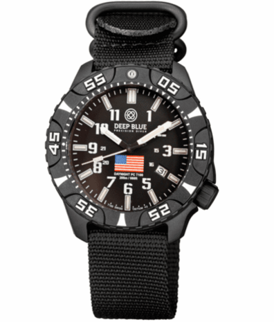 DAYNIGHT DIVER PC USA TRITIUM AUTOMATIC WATCH- BLACK- WHITE BEZEL - WHITE NUMBERS USA FLAG 3 COLOR TRITIUM TUBES &ndash; STRAP