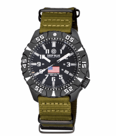 DAYNIGHT DIVER PC USA TRITIUM AUTOMATIC WATCH- BLACK- WHITE BEZEL - WHITE NUMBERS USA FLAG 3 COLOR TRITIUM TUBES &ndash; STRAP