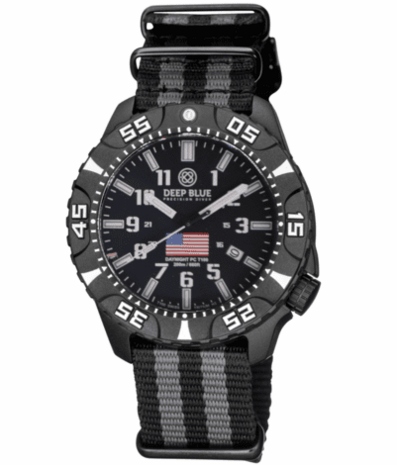 DAYNIGHT DIVER PC USA TRITIUM AUTOMATIC WATCH- BLACK- WHITE BEZEL - WHITE NUMBERS USA FLAG 3 COLOR TRITIUM TUBES &ndash; STRAP