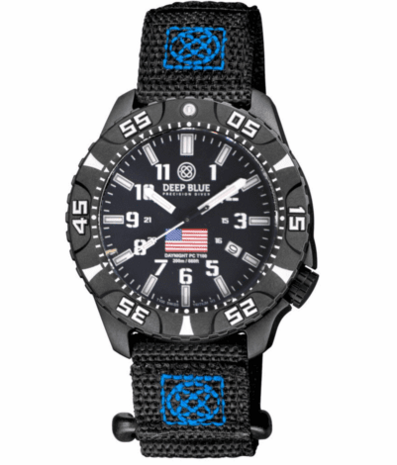 DAYNIGHT DIVER PC USA TRITIUM AUTOMATIC WATCH- BLACK- WHITE BEZEL - WHITE NUMBERS USA FLAG 3 COLOR TRITIUM TUBES &ndash; STRAP
