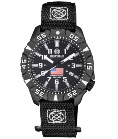 DAYNIGHT DIVER PC USA TRITIUM AUTOMATIC WATCH- BLACK- WHITE BEZEL - WHITE NUMBERS USA FLAG 3 COLOR TRITIUM TUBES &ndash; STRAP