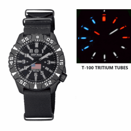 DAYNIGHT DIVER PC USA TRITIUM AUTOMATIC WATCH- BLACK- WHITE BEZEL - WHITE NUMBERS USA FLAG 3 COLOR TRITIUM TUBES &ndash; STRAP