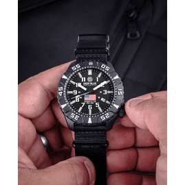 DAYNIGHT DIVER PC USA TRITIUM AUTOMATIC WATCH- BLACK- WHITE BEZEL - WHITE NUMBERS USA FLAG 3 COLOR TRITIUM TUBES &ndash; STRAP