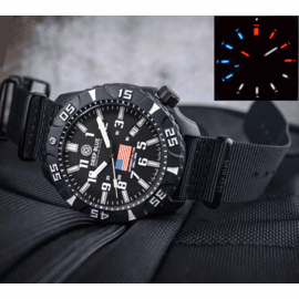 DAYNIGHT DIVER PC USA TRITIUM AUTOMATIC WATCH- BLACK- WHITE BEZEL - WHITE NUMBERS USA FLAG 3 COLOR TRITIUM TUBES &ndash; STRAP