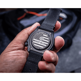 DAYNIGHT DIVER PC USA TRITIUM AUTOMATIC WATCH- BLACK- WHITE BEZEL - WHITE NUMBERS USA FLAG 3 COLOR TRITIUM TUBES &ndash; STRAP