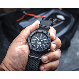 DAYNIGHT DIVER PC USA TRITIUM AUTOMATIC WATCH- BLACK- WHITE BEZEL - WHITE NUMBERS USA FLAG 3 COLOR TRITIUM TUBES &ndash; STRAP