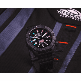 DAYNIGHT DIVER PC USA TRITIUM AUTOMATIC WATCH- BLACK- WHITE BEZEL - WHITE NUMBERS USA FLAG 3 COLOR TRITIUM TUBES &ndash; STRAP