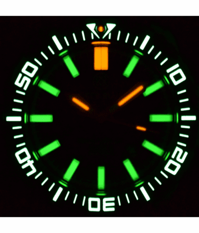 DEMO WITH SPECIAL CLASP!! - DAYNIGHT PATRIOT DARK BLUE CERAMIC BEZEL - DARK BLUE DIAL - ORANGE HANDS - GREEN ORANGE TUBES STRAP