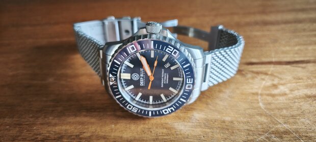 DEMO WITH SPECIAL CLASP!! - DAYNIGHT PATRIOT DARK BLUE CERAMIC BEZEL - DARK BLUE DIAL - ORANGE HANDS - GREEN ORANGE TUBES STRAP