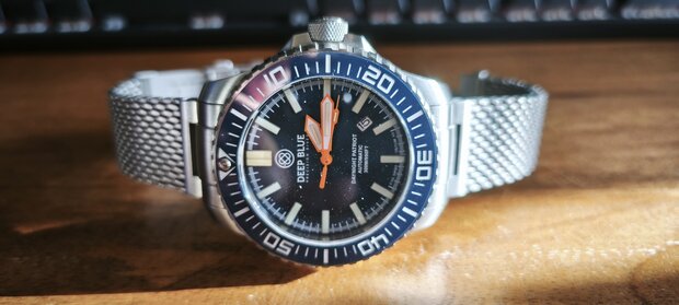 DEMO WITH SPECIAL CLASP!! - DAYNIGHT PATRIOT DARK BLUE CERAMIC BEZEL - DARK BLUE DIAL - ORANGE HANDS - GREEN ORANGE TUBES STRAP