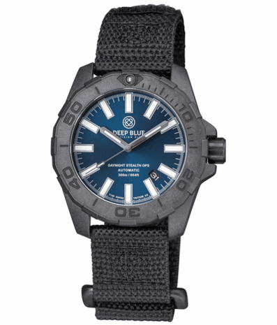 DAYNIGHT STEALTH OPS CARBON CASE DARK BLUE DIAL &ndash; BLUE /YELLOW TRITIUM TUBES AUTOMATIC WATCH SCREW DOWN CROWN