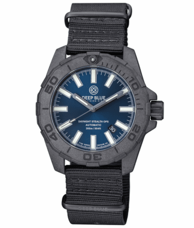 DAYNIGHT STEALTH OPS CARBON CASE DARK BLUE DIAL &ndash; BLUE /YELLOW TRITIUM TUBES AUTOMATIC WATCH SCREW DOWN CROWN
