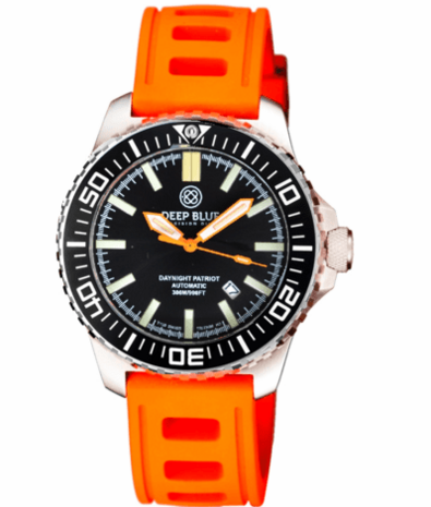 DAYNIGHT PATRIOT BLACK CERAMIC BEZEL - BLACK DIAL - ORANGE HANDS BLUE/YELLOW TUBES STRAP
