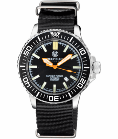 DAYNIGHT PATRIOT BLACK CERAMIC BEZEL - BLACK DIAL - ORANGE HANDS BLUE/YELLOW TUBES STRAP