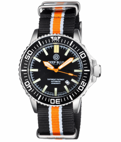 DAYNIGHT PATRIOT BLACK CERAMIC BEZEL - BLACK DIAL - ORANGE HANDS GREEN/ORANGE TUBES STRAP
