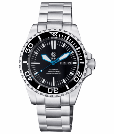 MASTER 2000 DAY DATE SWISS AUTO BLACK DIAL CLASSIC MINUTE MARKER BLUE HANDS
