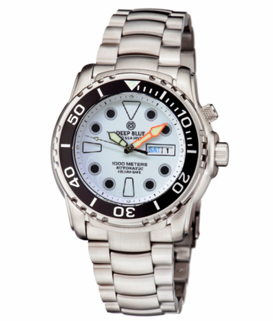 PRO SEA DIVER 1000M BRACELET CERAMIC BLACK BEZEL - WHITE FULL LUME DIAL ORANGE MINUTE HAND BRACELET - GLOWS BLUE