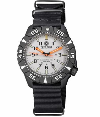DAYNIGHT DIVER PC TRITIUM AUTOMATIC WATCH BLACK WHITE BEZEL - WHITE DIAL ORANGE HANDS GREEN/ORANGE TUBES STRAP