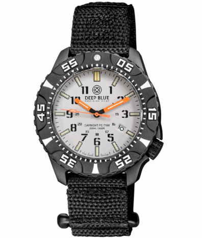 DAYNIGHT DIVER PC TRITIUM AUTOMATIC WATCH BLACK WHITE BEZEL - WHITE DIAL ORANGE HANDS GREEN/ORANGE TUBES STRAP