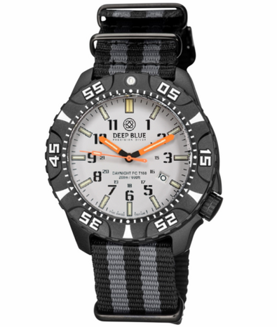DAYNIGHT DIVER PC TRITIUM AUTOMATIC WATCH BLACK WHITE BEZEL - WHITE DIAL ORANGE HANDS GREEN/ORANGE TUBES STRAP