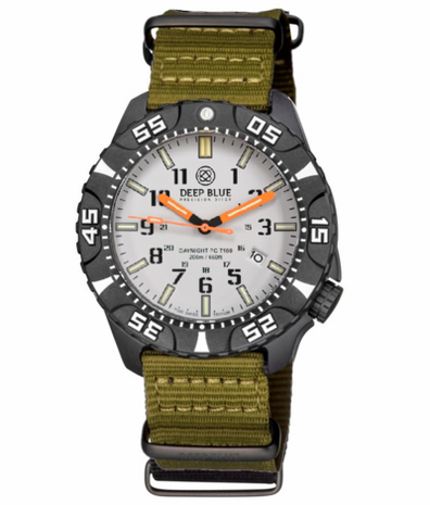 DAYNIGHT DIVER PC TRITIUM AUTOMATIC WATCH BLACK WHITE BEZEL - WHITE DIAL ORANGE HANDS GREEN/ORANGE TUBES STRAP