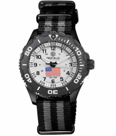 DAYNIGHT 43MM DIVER SOLAR POWERED PC USA TRITIUM WATCH- BLACK/WHITE BEZEL - WHITE DIAL USA FLAG 3 COLOR TRITIUM TUBES WHITE HANDS &ndash; STRAP