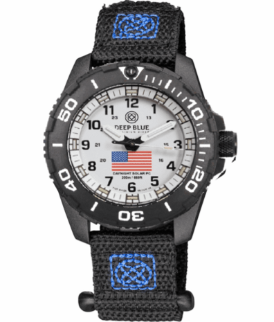 DAYNIGHT 43MM DIVER SOLAR POWERED PC USA TRITIUM WATCH- BLACK/WHITE BEZEL - WHITE DIAL USA FLAG 3 COLOR TRITIUM TUBES WHITE HANDS &ndash; STRAP