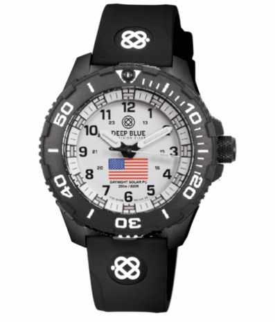 DAYNIGHT 43MM DIVER SOLAR POWERED PC USA TRITIUM WATCH- BLACK/WHITE BEZEL - WHITE DIAL USA FLAG 3 COLOR TRITIUM TUBES WHITE HANDS &ndash; STRAP