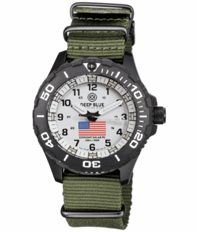 DAYNIGHT 43MM DIVER SOLAR POWERED PC USA TRITIUM WATCH- BLACK/WHITE BEZEL - WHITE DIAL USA FLAG 3 COLOR TRITIUM TUBES WHITE HANDS &ndash; STRAP
