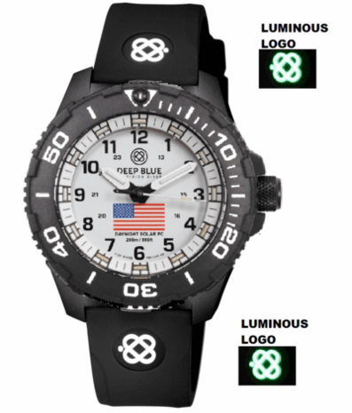 DAYNIGHT 43MM DIVER SOLAR POWERED PC USA TRITIUM WATCH- BLACK/WHITE BEZEL - WHITE DIAL USA FLAG 3 COLOR TRITIUM TUBES WHITE HANDS &ndash; STRAP