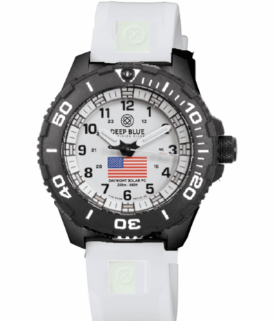 DAYNIGHT 43MM DIVER SOLAR POWERED PC USA TRITIUM WATCH- BLACK/WHITE BEZEL - WHITE DIAL USA FLAG 3 COLOR TRITIUM TUBES WHITE HANDS &ndash; STRAP